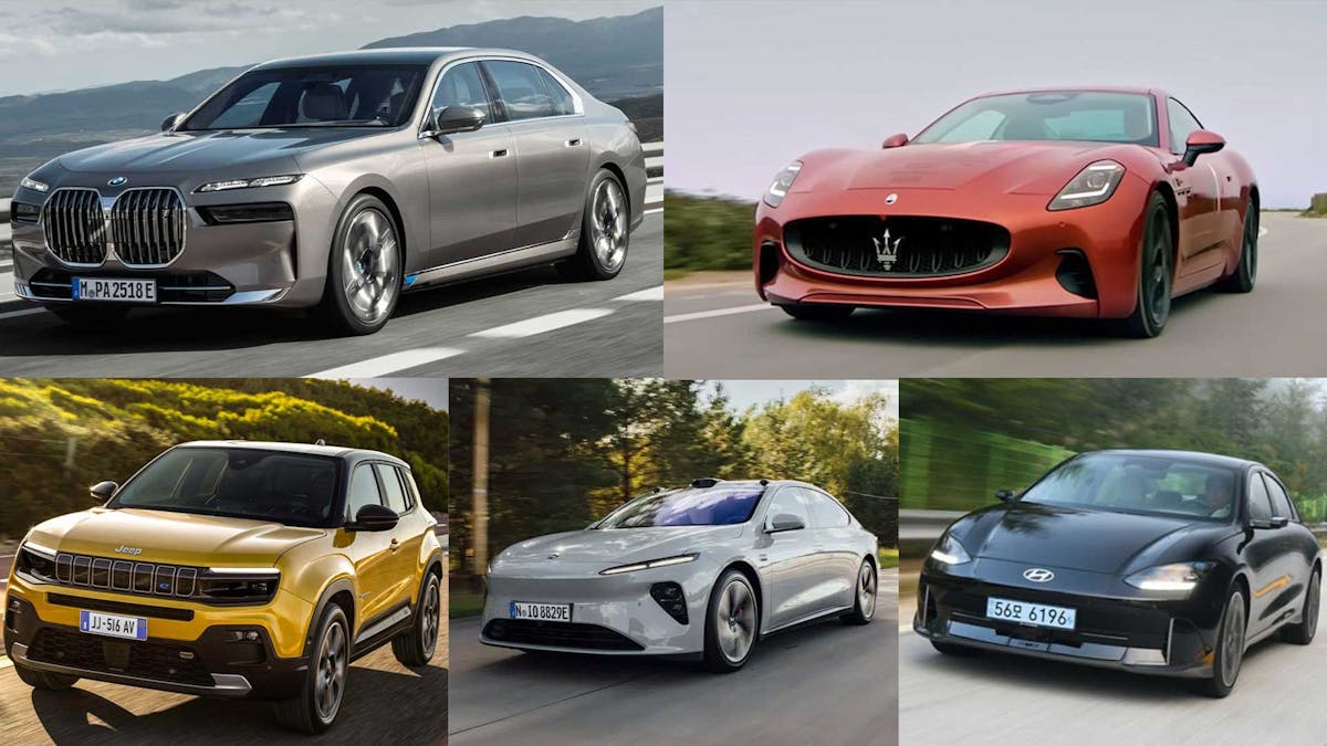 Montage mit fünf verschiedenen Elektroauto-Neuheiten 2023.