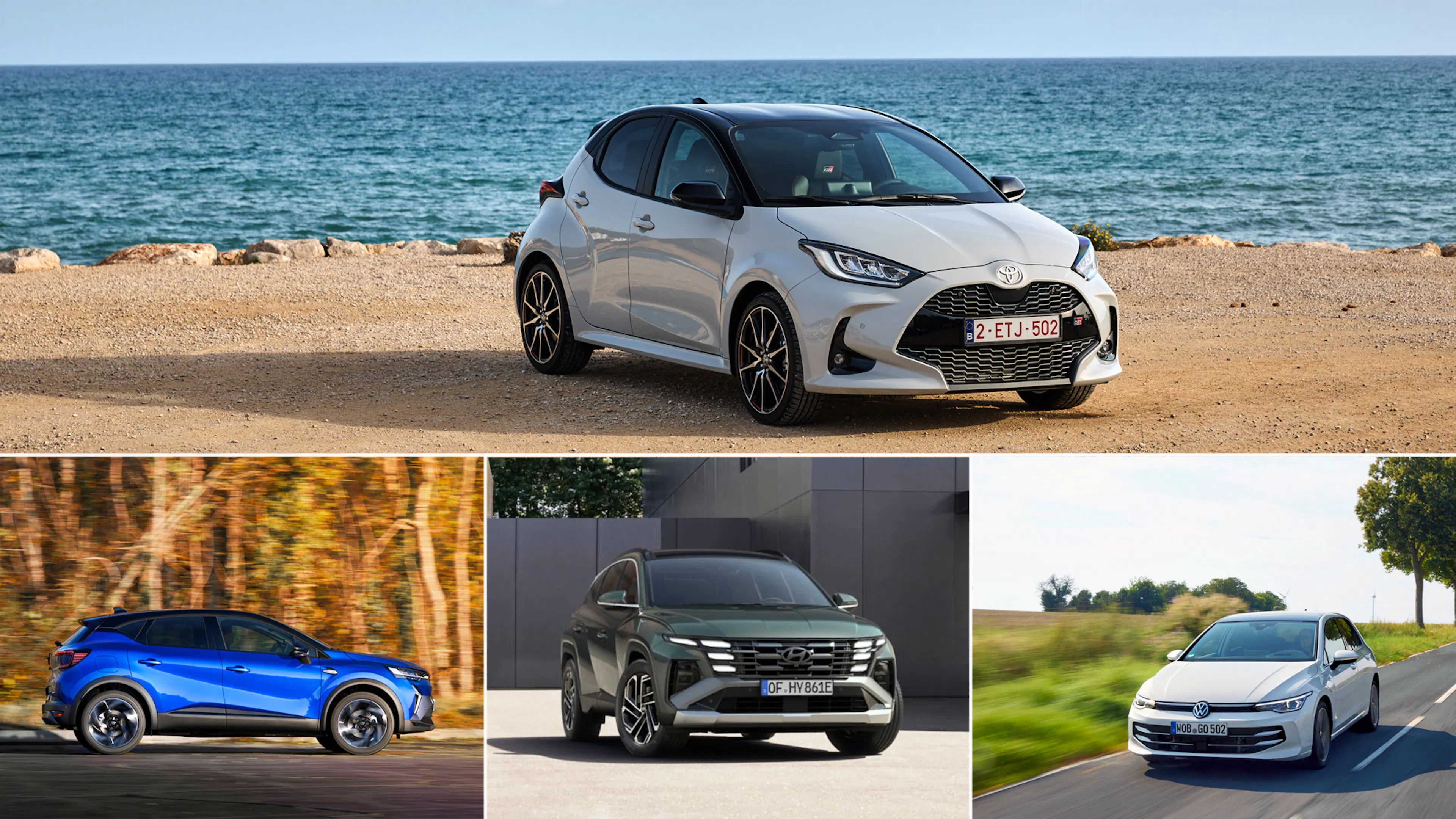 Ein Toyota Yaris, Renault Captur, VW Golf eHybrid und Hyundai Tucson.