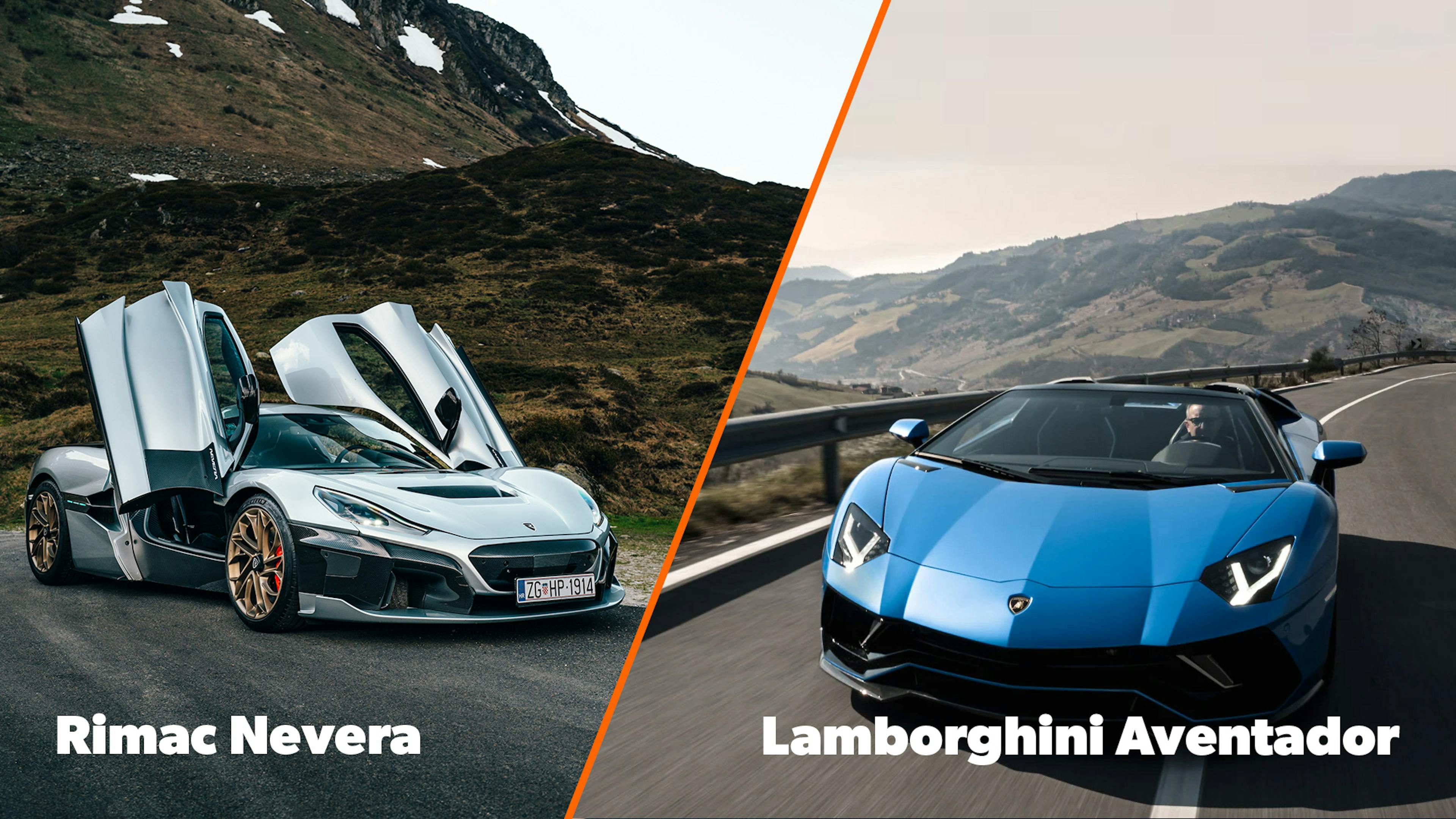 Eine Fotocollage des Elektroautos Rimac Nevera und des Verbrenners Lamborghini Aventador nebeneinander. 