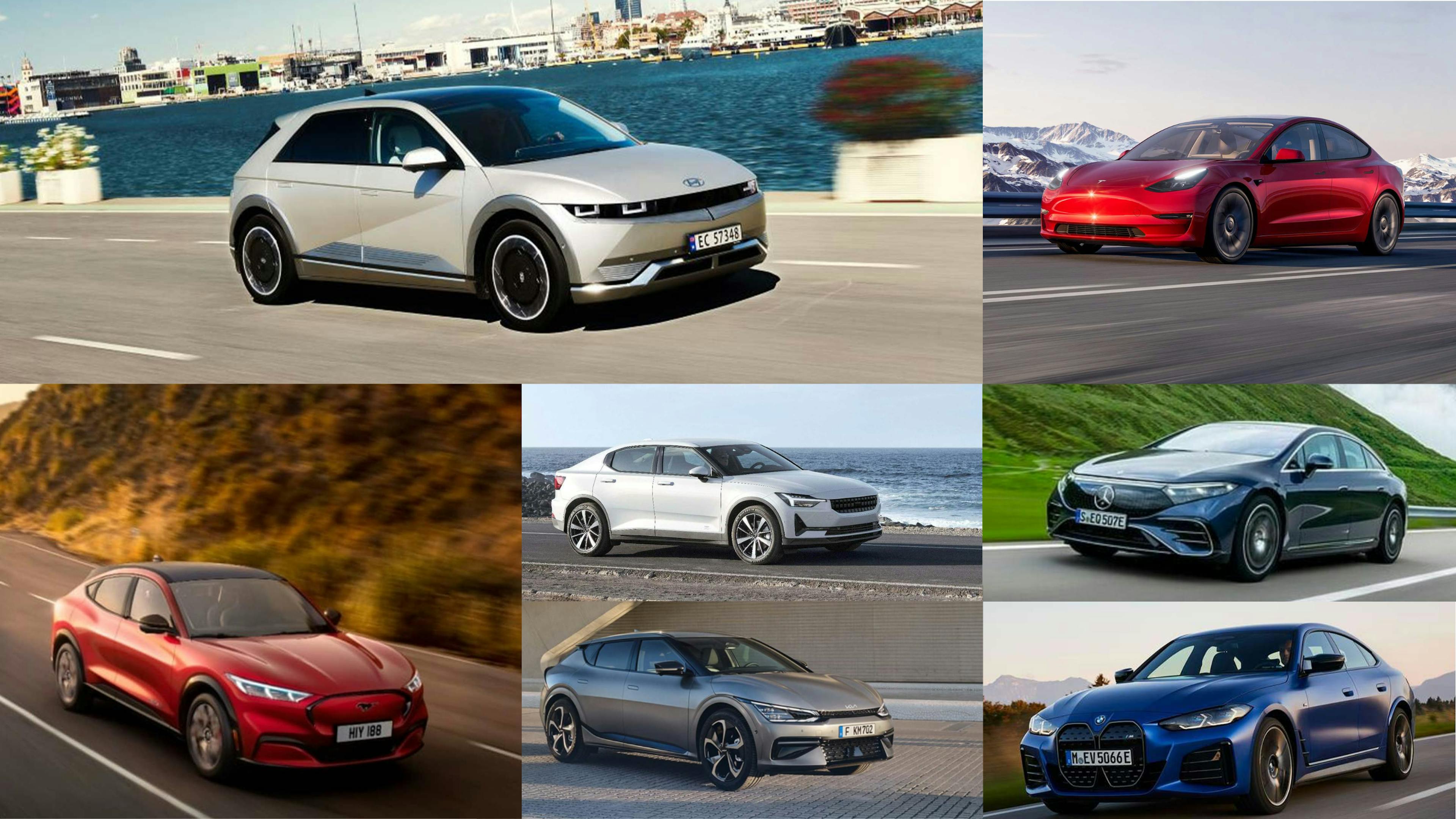 Montage mit sieben Elektroautos verschiedener Hersteller.