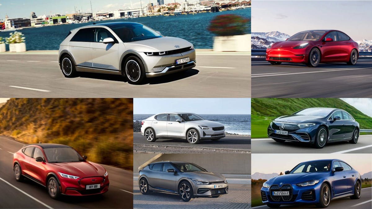 Montage mit sieben Elektroautos verschiedener Hersteller.