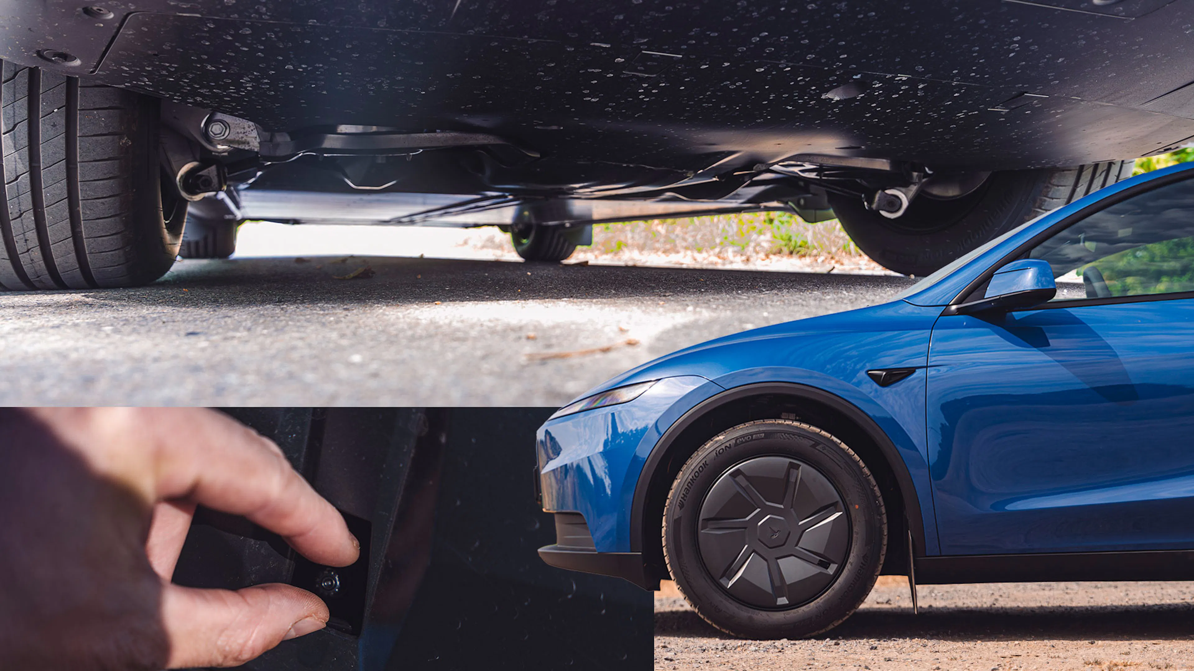 Collage aus drei Bildern. Oben: Geschlossener Unterboden eines Tesla Model Y. Unten links: Schwieriges Öffnen des Ventils am Reifen. Unten rechts: Aerodisk-Radkappe am Standard-Radsatz des Tesla Model Y.