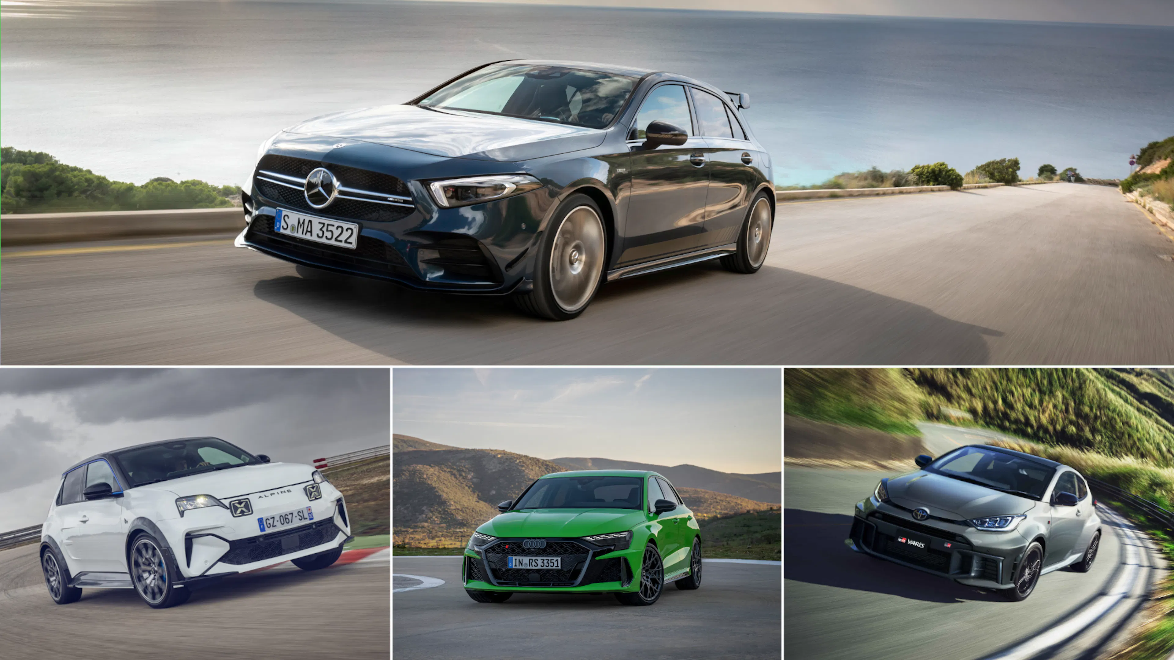 Vier Kompaktsportler im Vergleich: Mercedes-AMG A35 4Matic, Alpine A290, Audi RS3 Sportback und Toyota GR Yaris.