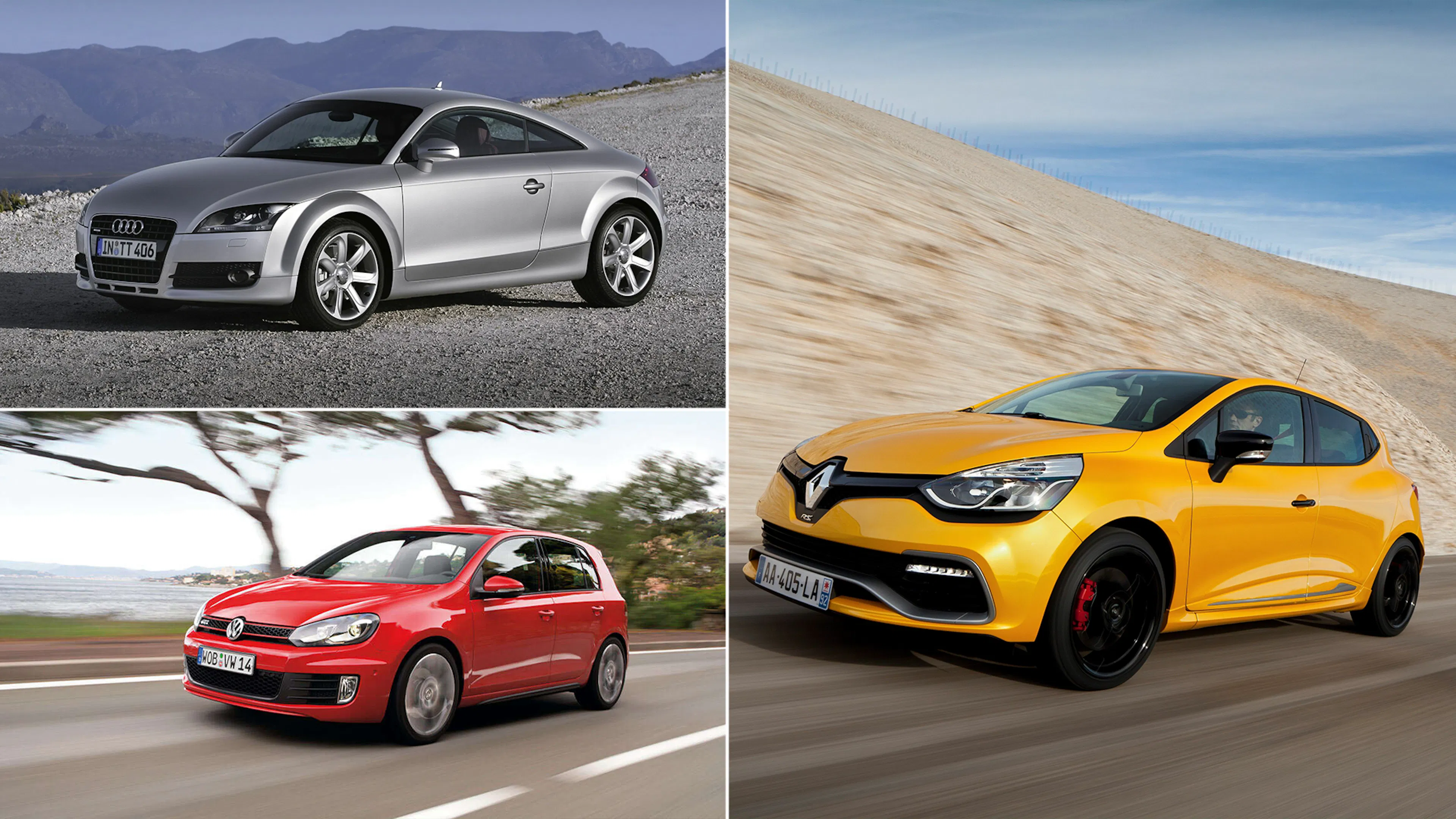 Collage aus drei Sportfahrzeugen: silberner Audi TT 8J, roter VW Golf VI GTI und gelber Renault Clio IV R.S.