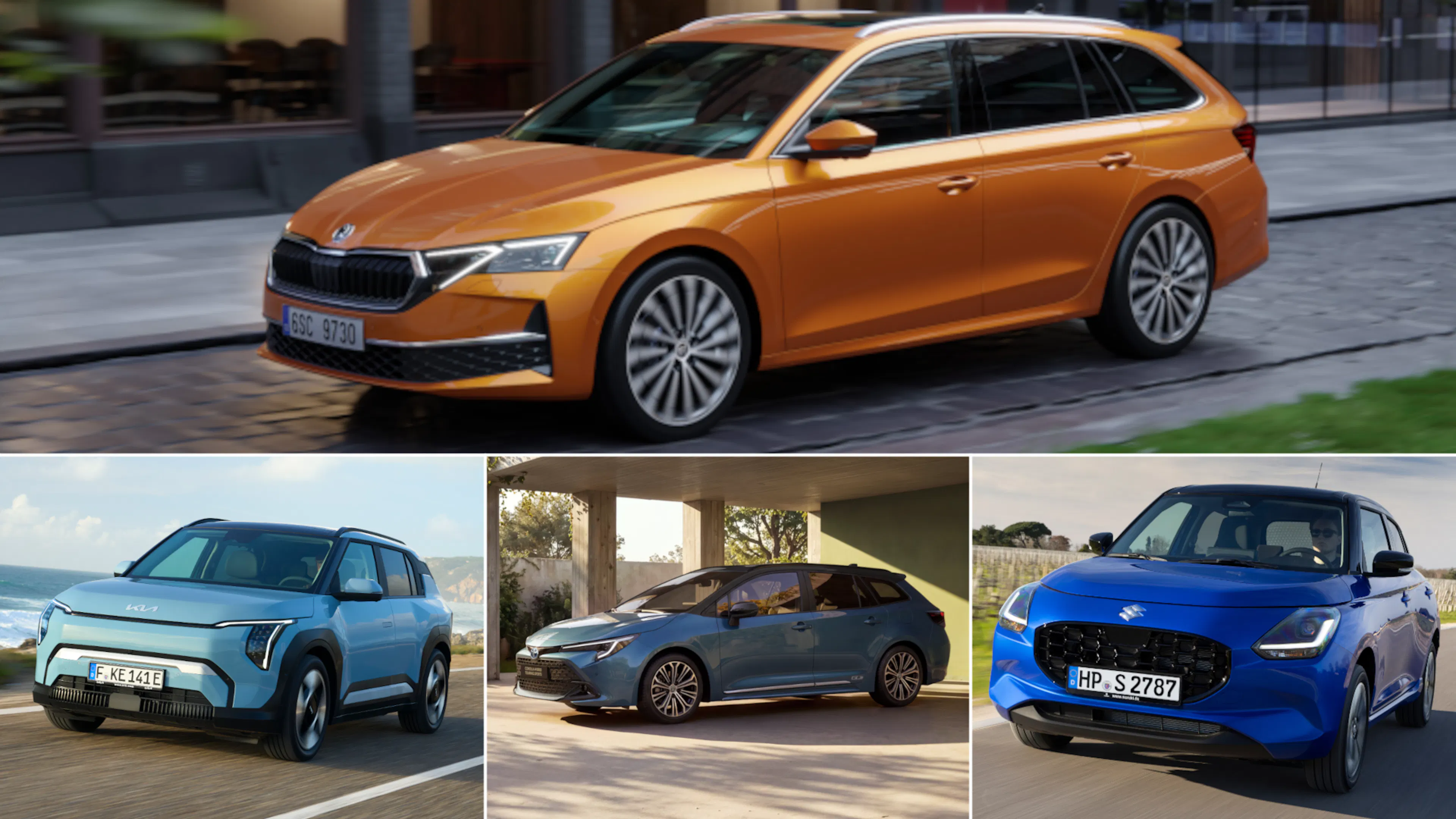 Collage aus vier Pendlerautos: oben ein oranger Škoda Octavia Combi, unten ein hellblauer Kia EV3, ein blauer Toyota Corolla Touring Sports und ein blauer Suzuki Swift.