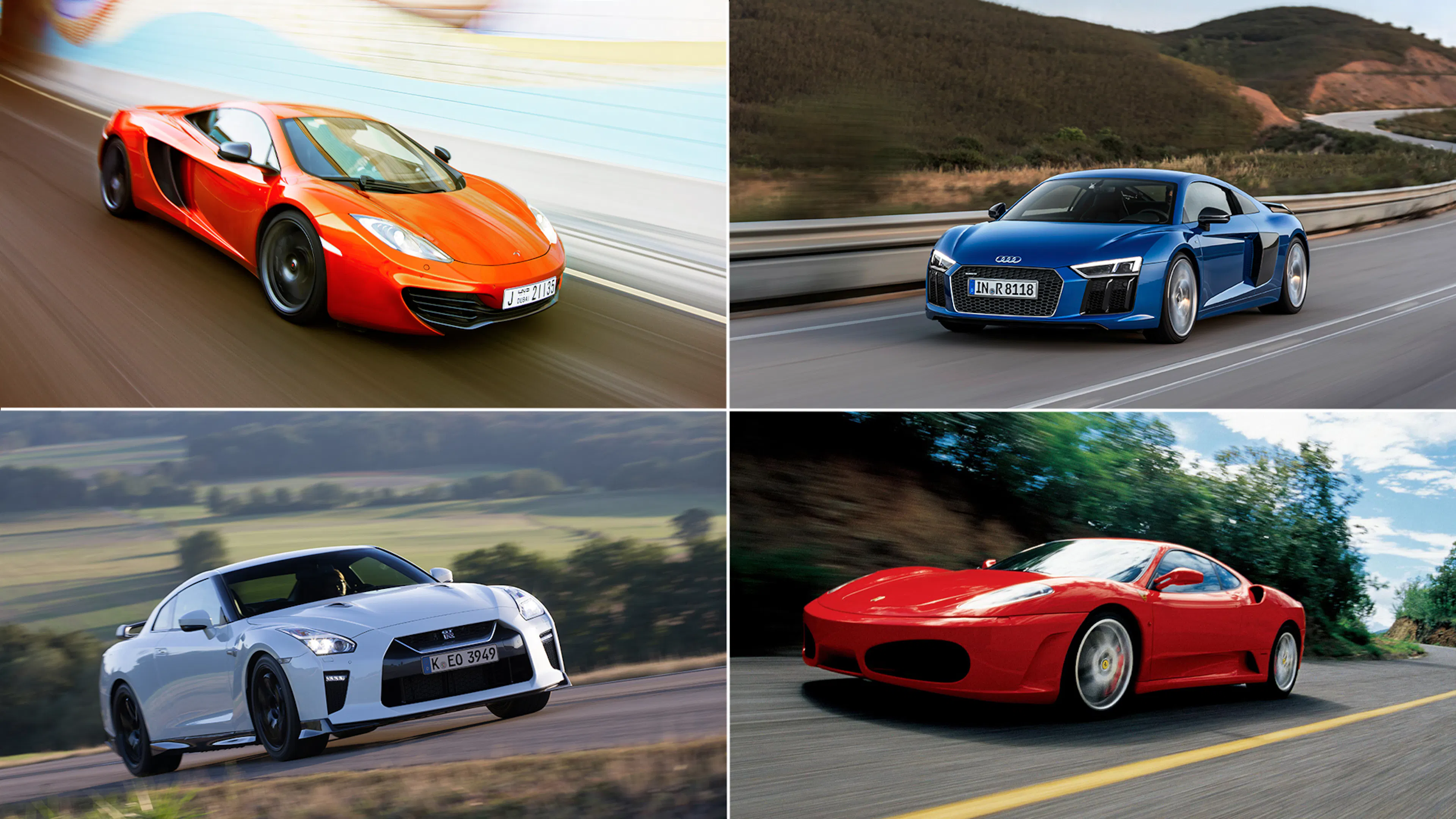 Eine Collage aus vier Autos: McLaren MP4-12C, Audi R8, Nissan GT-R, Ferrari F430