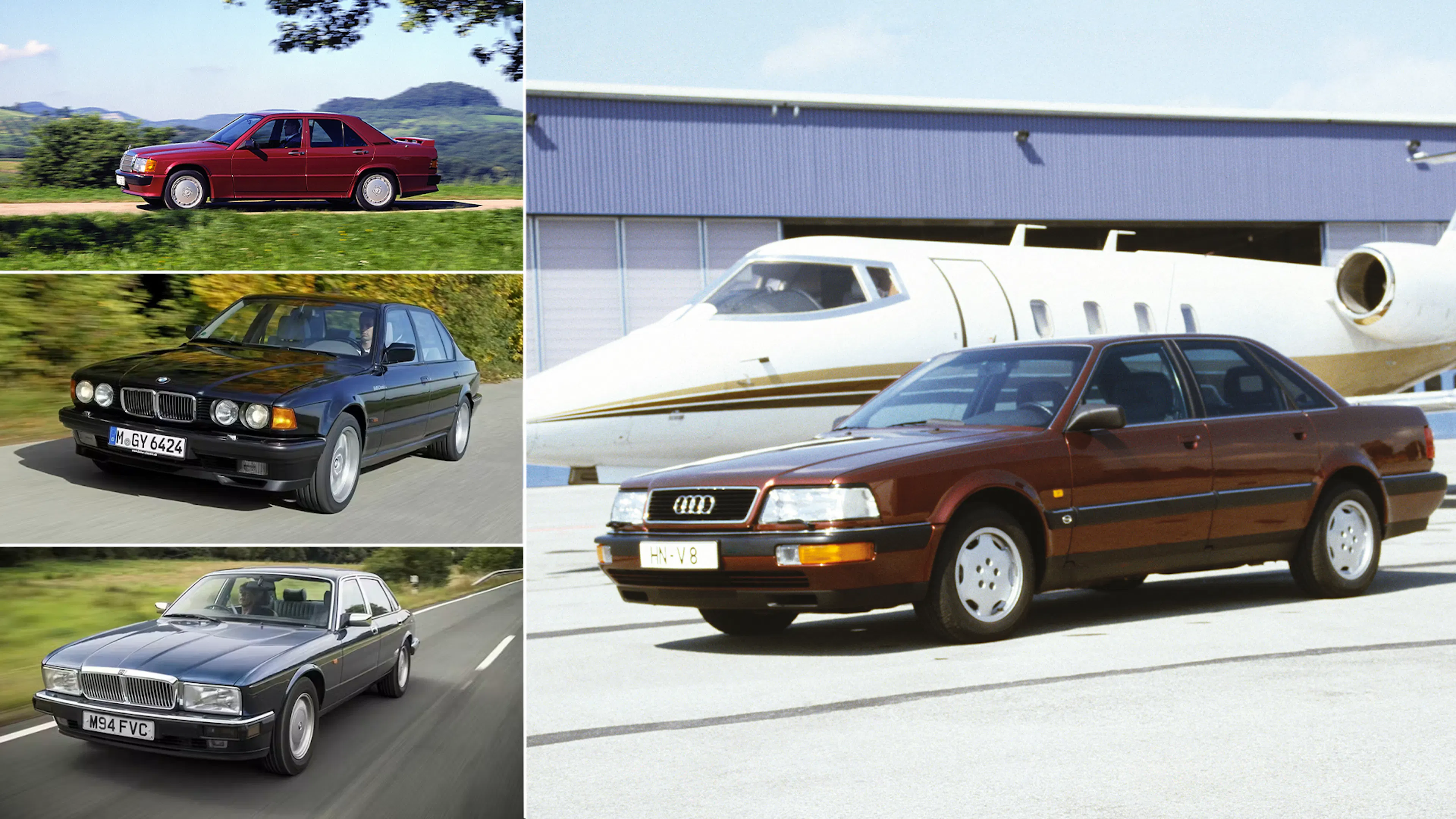 Collage aus vier Oldtimern: Mercedes-Benz 190 E in Rot, BMW 7er E32 in Schwarz und Jaguar XJ40 in Grau in Fahrt, sowie ein Audi V8 in Dunkelrot im Stand vor einem Privatjet.