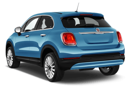 Blauer SUV mit einem glatten Design, aufgenommen von hinten. Der Wagen hat große Rückleuchten und ein Fiat-Logo auf der Heckklappe.