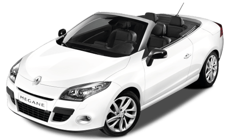 Weißer Renault Mégane Cabrio mit offenem Verdeck, zwei Türen und modernen Scheinwerfern in seitlicher Ansicht.