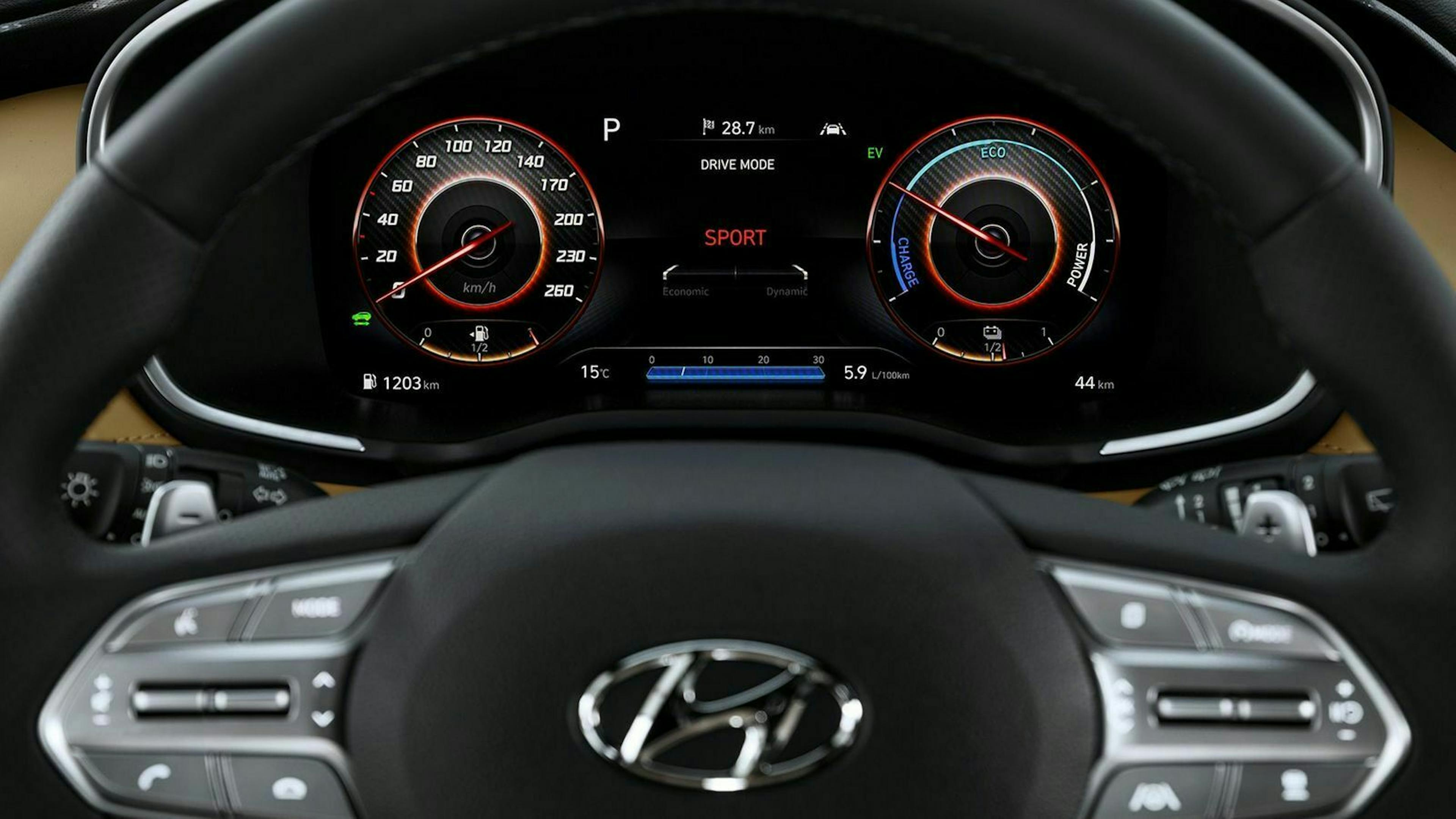 Hyundai Santa Fe Nahaufnahme der Anzeige mit Lenkrad