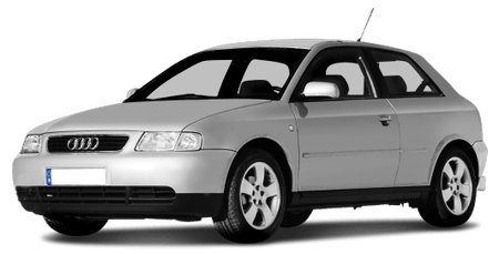 Silberner Audi A3 dreitürig vor weißem Hintergrund. Fahrzeug steht seitlich, Front und linke Seite sichtbar.