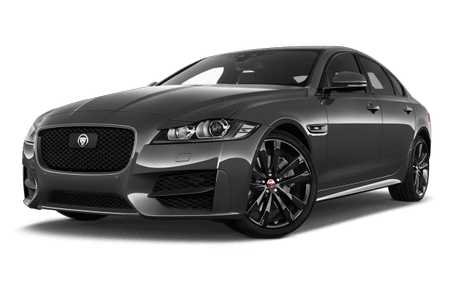 Grauer, luxuriöser Jaguar-Limousine mit elegantem Design, glänzenden schwarzen Felgen und markantem Kühlergrill, seitlich von vorne fotografiert.