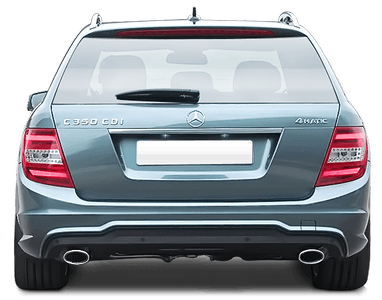 Rückansicht eines silbernen Mercedes-Benz C 350 CDI 4MATIC Kombi. Sichtbar sind das Markenlogo, Rücklichter und doppelte Auspuffrohre.