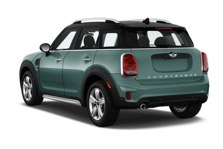 Grüner Mini Countryman mit schwarzen Akzenten, von hinten fotografiert. Der Hintergrund ist weiß.