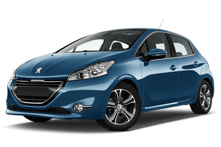 Blauer Kleinwagen mit glänzendem Finish, fünf Türen und sportlichem Design, von schräg vorne fotografiert.