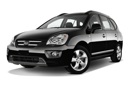 Schwarzer Kia SUV, Frontansicht, mit silbernen Akzenten und modernen Scheinwerfern, auf weißem Hintergrund.