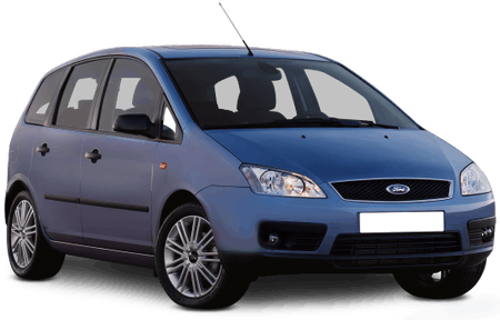 Blauer Ford Kompaktwagen, Seitenansicht. Das Auto steht auf einem weißen Hintergrund.