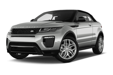 Silberner Range Rover Evoque Cabriolet, schräg von vorne fotografiert, mit schwarzen Akzenten und stilvollem Design.