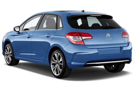 Blauer Citroën C4 Hatchback, Ansicht von hinten. Modernes Design mit markanten Rückleuchten und sportlichen Felgen.