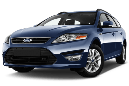 Blauer Ford Kombi auf weißem Hintergrund, Frontansicht.