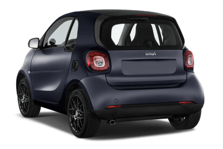 Dunkelblauer Smart-Pkw, Ansicht von hinten, auf schwarzem Hintergrund. Kompaktes Design, sichtbar sind Rückleuchten und Auspuff.