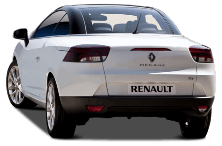 Weißer Renault Mégane CC mit dunklem Dach, Heckansicht. Fahrzeug parkt mit deutlich sichtbarem Logo und Modellnamen.