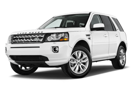 Weißer Land Rover SUV mit vier Türen, aggressiver Front und stilvollem Design, steht auf einem transparenten Hintergrund.