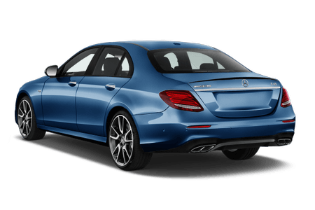 Blaues Mercedes-Benz Auto, Heckansicht, mit eleganten Linien und modernen Rückleuchten. Sportlicher Stil mit glänzenden Felgen.