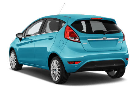 Kompakter blauer Kleinwagen mit fünftürigem Design, Rücklichter und schwarzem Stoßfänger, auf weißem Hintergrund.