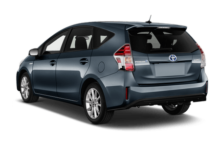 Dunkelgrauer Toyota Prius Hybrid von hinten, steht auf einem transparenten Hintergrund.