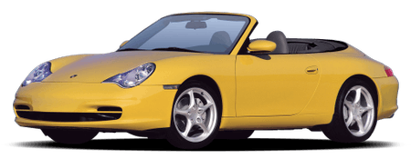 Gelber Cabrio-Sportwagen mit offenem Verdeck, zweisitzig und glänzender Lackierung, seitliche Ansicht von links.