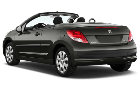 Schwarzes Cabriolet-Auto, Heckansicht, geöffnetes Verdeck, sichtbar sind Reifen, Rückleuchten und Heckspoiler.