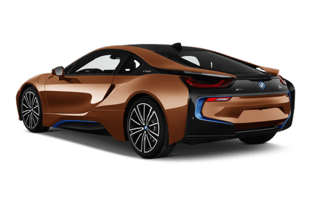 BMW i8 in Kupferfarbe, von hinten links gesehen, mit markantem Design und sportlichen Konturen.