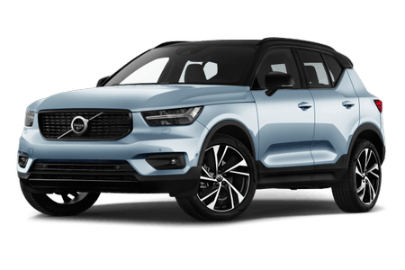 Volvo XC40 in hellblauer Farbe, SUV mit schwarzen Akzenten, modernen Leichtmetallrädern und Panoramadach.