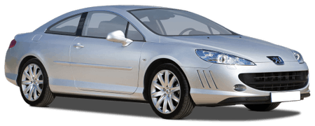 Silberner Peugeot-Coupé mit geschlossenem Dach und glänzenden Felgen, auf einer weißen Fläche fotografiert.