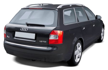 Schwarzer Audi A4 Kombi, Rückansicht, geparkt. Modellkennzeichnungen und Rücklichter sichtbar. Automobil mit Dachreling und silbernen Felgen.