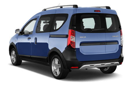 Blauer Dacia Dokker aus der Heckansicht, mit Dachträgern und fünf Türen, auf weißem Hintergrund.