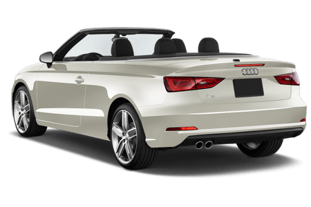 Weißer Audi A3 Cabriolet von hinten, mit ausgeklapptem Verdeck. Er steht auf einem transparenten Hintergrund.