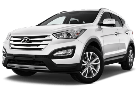 Weißer SUV mit Hyunda-Logo, auffälliger Frontgrill, markante Scheinwerfer und fünf Speichenräder. Fahrzeug in leichter Seitenansicht.