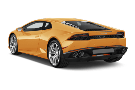 Orangefarbener Sportwagen von hinten, mit markanten Auspuffrohren und silbernen Felgen, vor weißem Hintergrund.