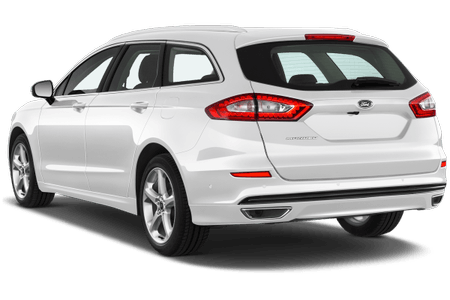 Weißer Kombi mit modernem Design, Rückansicht. Doppelauspuffanlage, rote Rücklichter und silberne Alufelgen.