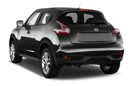 Schwarzer Nissan Juke SUV, Heckansicht, stehend auf weißem Hintergrund.