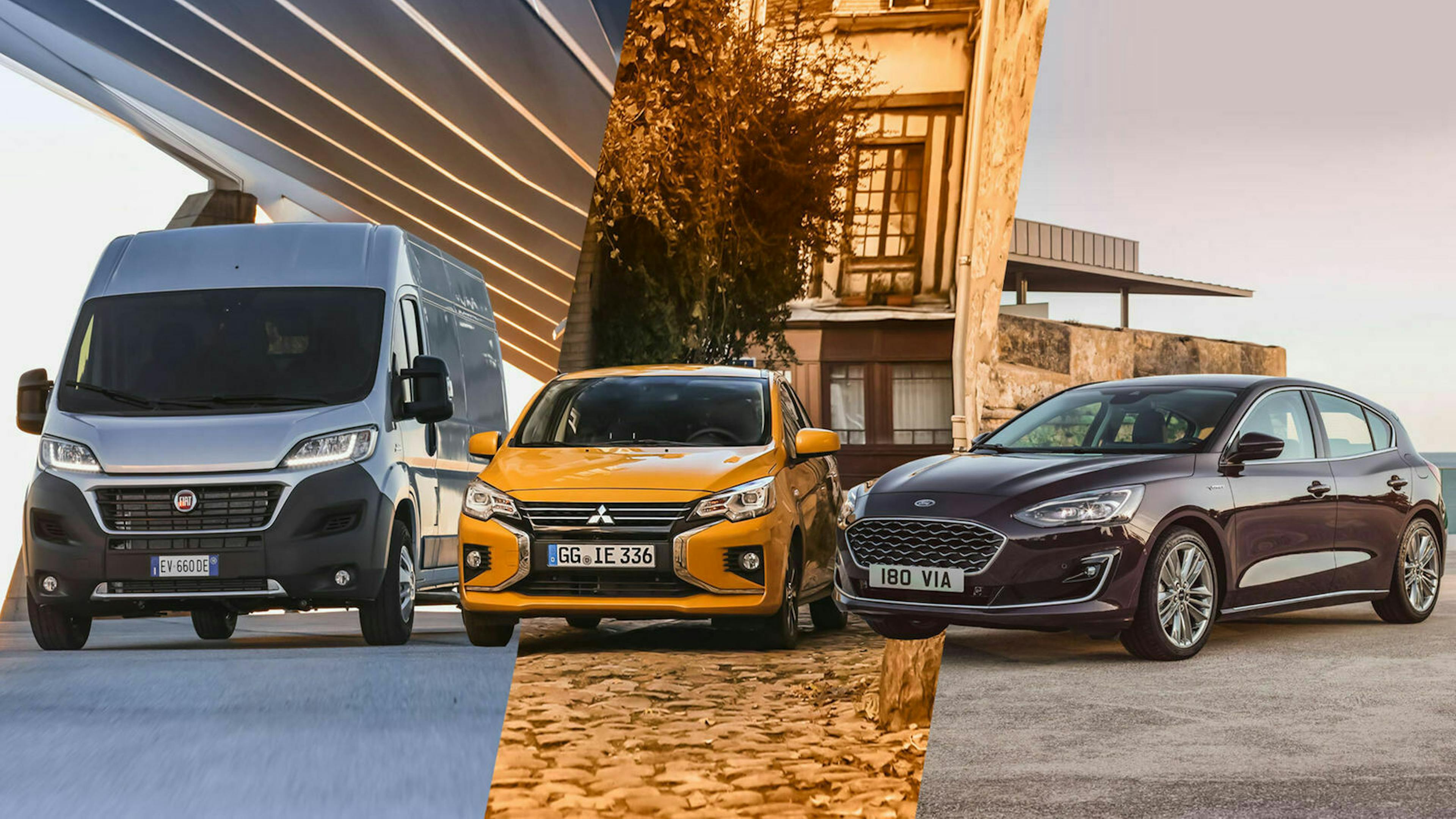 Fiat, Mitsubishi und Ford in Frontansicht