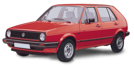 Roter, viertüriger Volkswagen Golf der 80er Jahre, seitlich gesehen, auf weißem Hintergrund.