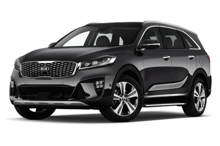 Schwarzer Kia SUV, seitliche Ansicht, auf weißem Hintergrund. Moderner Stil und elegant gestaltete Front mit markantem Kühlergrill.