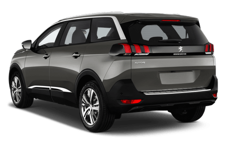 Schwarzer Peugeot SUV von hinten, mit charakteristischen Heckleuchten und silbernen Details, auf weißem Hintergrund.