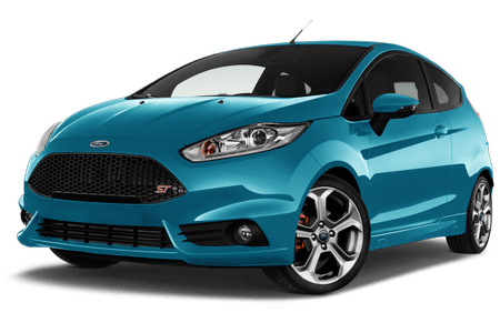 Ein blauer sportlicher Kleinwagen, Ford Fiesta ST, mit markantem Kühlergrill und auffälligen Felgen, steht seitlich vor einem weißen Hintergrund.