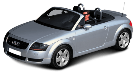 Silberner Audi TT Roadster Cabrio mit offenem Verdeck. Fahrer trägt Sonnenbrille. Sportliches Design und kompakte Bauweise.