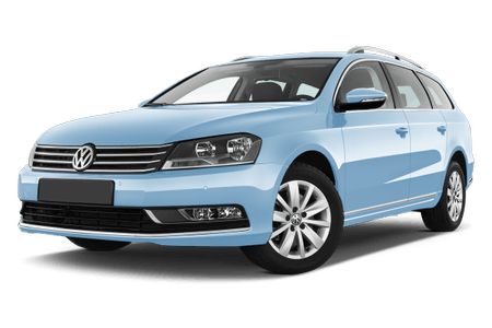 Heller blauer Kombi, seitliche Perspektive. Modell von Volkswagen mit silbernen Felgen. Fahrzeug steht auf weißem Hintergrund.