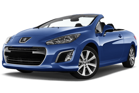 Blaues Cabrio mit offenem Verdeck, elegantes Design, silberne Felgen und modernem Frontgrill. Fahrzeug steht seitlich auf weißem Hintergrund.